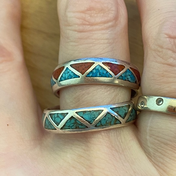 Vintage inlaid coral and turquoise southwest silver rings. - Picture 2 of 9